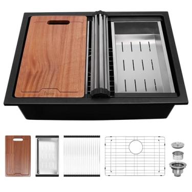 Imagem de Davivy Estação de trabalho de pia de granito preto de 68 cm, pia de cozinha composta de granito de 68 x 48,8 cm, embaixo e suspensa, tigela única profunda com acessórios