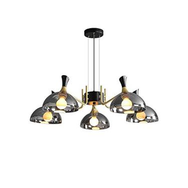 Imagem de YQSLQZZ Luminária pendente industrial americana, lustre Sputnik de cúpula de vidro cinza esfumaçado, luz de teto montada semi-embutida ajustável em altura, para sala de estar, sala de jantar