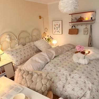 Imagem de Jogo de lençol queen size com 4 peças, capa de colar e fronha de pano de pendurar com haste de flor simples e elegante, conjunto de 4 peças de lençol de cama francês suave estilo campestre (M, 1,5~1