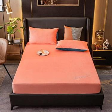 Imagem de Lençóis de cama king, cor sólida, quente, inverno, macio, espesso, capas de colchão, capa de cama de lã coral para quarto, apartamento, azul marinho, 180 x 200 cm (laranja casal 120 x 200 cm)