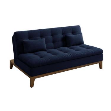 Imagem de Sofá-Cama Casal 3 Lugares Premium Base e Pés de Madeira Linho Azul Marinho