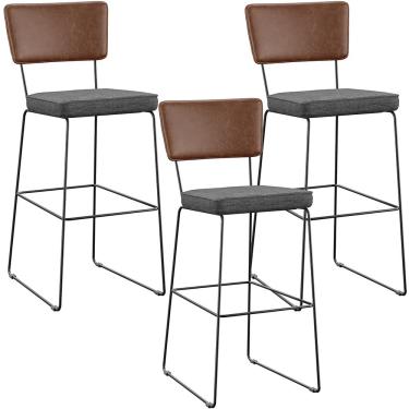 Imagem de Kit 3 Banqueta Alta Cozinha Sala Jantar Allana L02 Couríssimo Marrom Linho Cinza Escuro - Lyam Decor