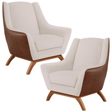 Imagem de Kit 02 Poltronas Decorativas Base Em Madeira Juliet D02 Courissímo Marrom B-38 Linho Cru C-443 - Lyam Decor