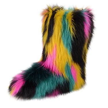 Imagem de Gegefur Bota feminina de pele sintética, bota de neve curta, fofa, quente, confortável, para uso ao ar livre, Rosa, amarelo, preto, azul, 6