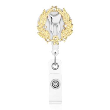 Imagem de MEDFOLY Carretel de crachá de dente dentário retrátil com suporte de crachá de identificação de metal de cristal para dentista enfermeira odontológica médica