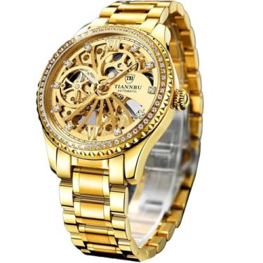 Imagem de FORSINING Relógio mecânico automático dourado de luxo para homens - mostrador esqueleto com turbilhão falso, marcadores e bisel de diamante, pulseira fina de aço inoxidável de 9 mm, relógio de pulso