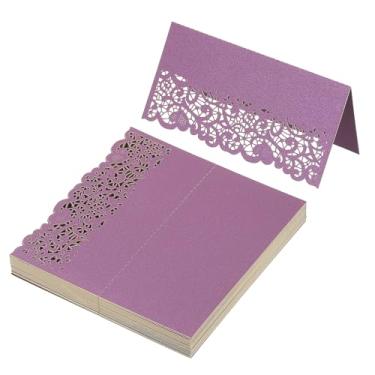 Imagem de PATIKIL 50 peças de cartões de casamento, cartões de visita, papel com glitter, etiquetas de assento dobradas para mesa buffet de comida, recepção de casamento, jantar, festa, roxo escuro