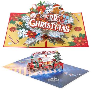 Imagem de Cartão pop-up de Dia de Natal, pacote com 2 cartões comemorativos 3D, Papai Noel, trem de Natal, buquê de floco de neve, lindo presente para crianças, amigos e família, inclui envelope e nota de