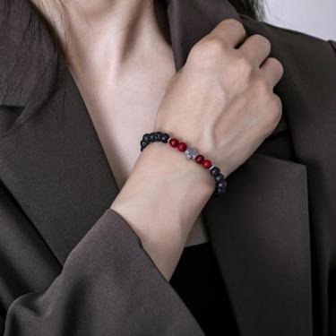 Imagem de Pulseira de contas feita à mão para homens e mulheres, cordão elástico com pedra natural e contas de destaque, joia de pulso ajustável, 7.68Inches, Rocha vulcânica, Sem Pedra Preciosa