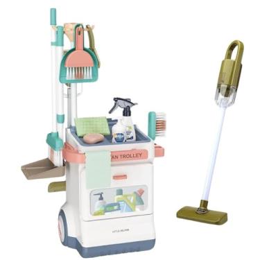 Imagem de Carrinho de Limpeza Infantil com Aspirador Funcional Brinquedo Educativo com Acessórios Realistas Organizador Móvel com Borrifador e Placa de sinalização