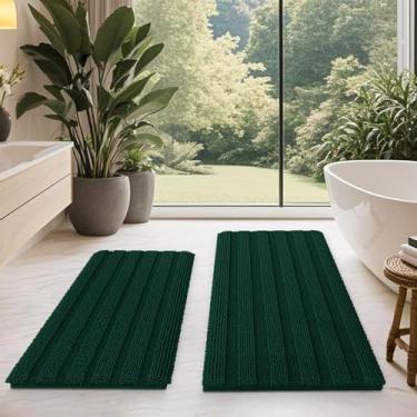 Imagem de ACCUMTEK Conjunto de tapete de banheiro verde escuro listrado 2 peças 81 x 50 cm + 61 x 43 cm ultramacio, tapetes de banho de chenille antiderrapantes, tapetes de banho felpudos absorventes para