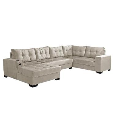 Imagem de Sofá de Canto 6 Lugares Dijon com Chaise Esquerdo e Entrada USB Suede Areia
