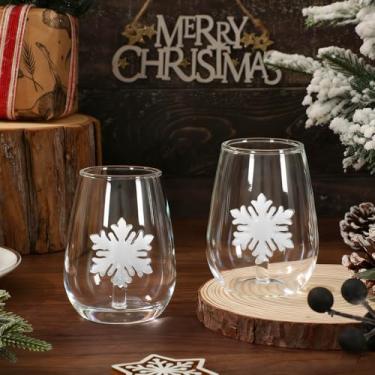 Imagem de JarThenaAMCS 2 peças de copos de vinho 3D de inverno sem haste soprados à mão 3D branco floco de neve transparente para Natal, casa, jantar, festa de aniversário, lembrancinhas, suprimentos