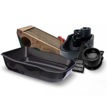 Imagem de Kit Caixa de Areia Para Gatos Bebedouro Fonte Cascata + Arranhador para Gato Comedouro Antiformiga