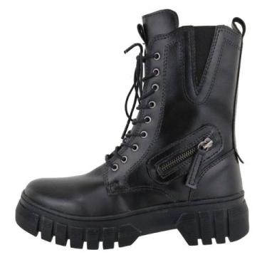 Imagem de Bota Coturno Tratorada Feminina Motoqueira Fechamento Cadarço Ajuste E