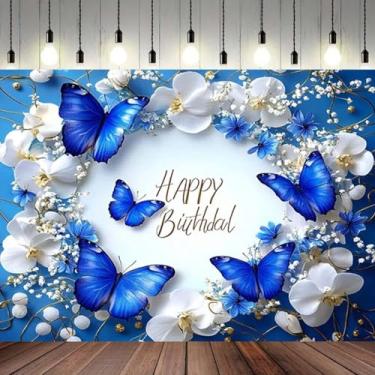 Imagem de Pano de fundo de borboleta azul, feliz aniversário, flores roxas vibrantes e borboleta azul, fundo floral encantador de borboleta para meninas, bandeira de festa de aniversário de fadas princesas (C