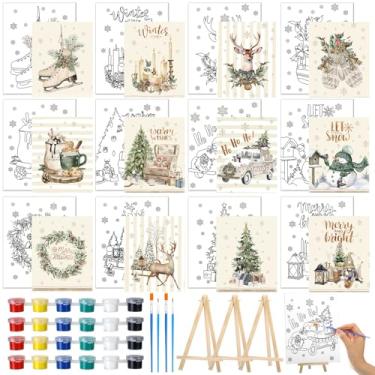 Imagem de Kosiz 12 conjuntos de telas pré-desenhadas de Natal para pintar painéis de lona de pintura esticada de Natal com cavalete de design e pincéis para artigos de festa, presentes de Natal para iniciantes