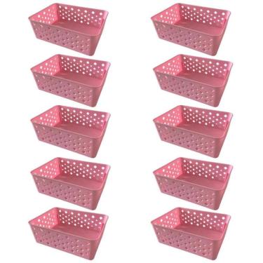 Imagem de Kit 10 Cestos Organizadores Rosa Multiuso Médio Empilhável