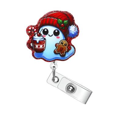 Imagem de Carretel de crachá de Natal com glitter vermelho, carretéis de crachá de fantasma retrátil, clipe de crachá de fantasma com café e boneca, porta-crachá de identificação de feriado com clipe jacaré
