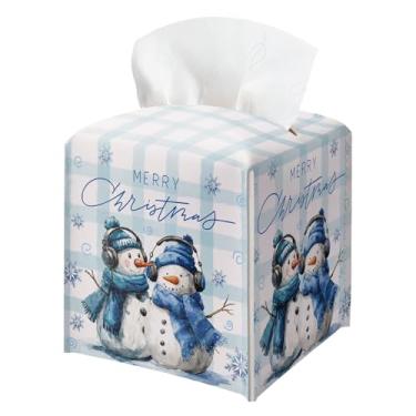 Imagem de Capa quadrada de boneco de neve de Natal, suporte de caixa de lenços decorativa xadrez azul, dispensador de caixas de lenços de couro à prova d'água para banheiro, escritório, carro, mesa de cabeceira