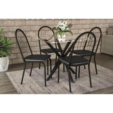 Imagem de Kit Mesa Volga C- Tampo Vidro 95cm + 4 Cadeiras Noruega Preto Fosco Courano Preto