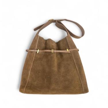 Imagem de CLARANY Bolsa de ombro Hobo de camurça luxuosa, marrom quente, 35 x 30 x 7 cm, camurça genuína com ferragens douradas, alça ajustável, bolsa interna