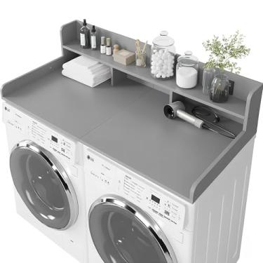 Imagem de HMAZAE Bancada de lavadora e secadora com prateleira, bancada de lavanderia de 2 andares, sobre lavadora e secadora, mesa de madeira de 137 x 70 cm para roupas dobráveis para organização e