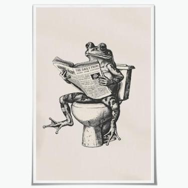 Imagem de Sapo lendo jornal em tela de vaso sanitário, impressão de arte de parede de banheiro, retrô, pôster preto e branco, moderno, minimalista, imagem, decoração de parede, funky, pintura vintage, placa de