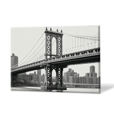 Imagem de Arte de parede moderna 40,6 cm x 30,5 cm emoldurado para sala de estar, quarto, banheiro, escritório, decoração de casa, foto em preto e branco da ponte de Manhattan em pintura de arte em tela