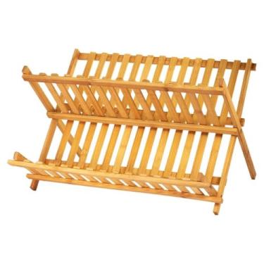 Imagem de Escorredor de Pratos Dobrável em Bambu, 43 x 34 x 22 cm, 14 Divisórias, 2 Níveis, para Cozinha