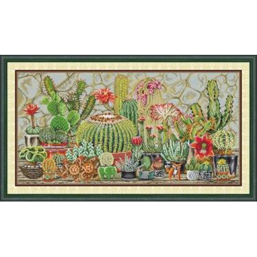 Imagem de Threadhaven Kit de ponto cruz estampado de 16 quilates - padrões de gama completa para adultos, kit de bordado de impressão de alta definição, ideal para iniciantes - Cactos 4 67 cm × 37 cm