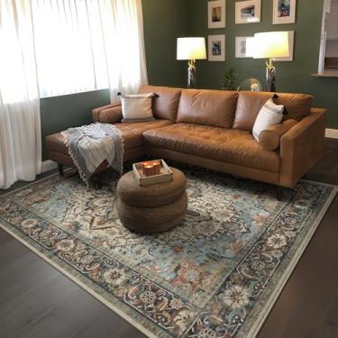 Imagem de GERUIMO Tapete lavável para sala de estar, azul bege boho vintage floral, grande, antiderrapante, tapete de lã sintética macia, adequado para crianças e animais de estimação para quarto, sala de