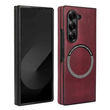 Imagem de XKchatpt Capa magnética para Samsung Galaxy Z Fold 5 suporta carregamento sem fio, capa rígida fina à prova de choque de couro PU para Samsung Galaxy Z Fold 5 (vermelho)
