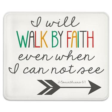 Imagem de Tapete de mouse antiderrapante para jogos e escritório com citação da Bíblia das Escrituras Cristãs com bordas costuradas 24 x 19 cm, I Will Walk by Faith Even When I Can't See 2 Corinthians 5:7