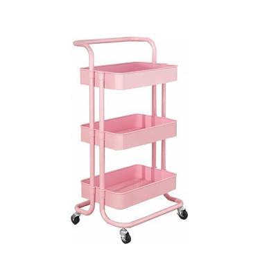Imagem de Carrinho Organizador com 3 Níveis, Aço Carbono e Plástico, 42x35x86cm, Rodízios Giratórios, Multiuso para Cozinha, Banheiro e Escritório (Rosa)