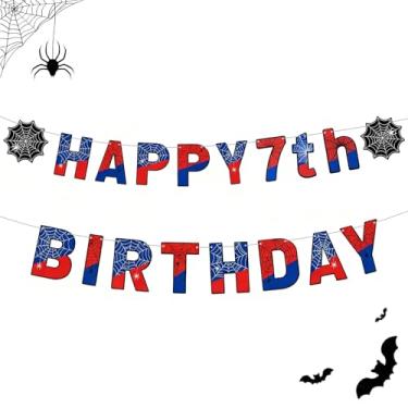 Imagem de Banner de feliz aniversário com tema de aranha – Decorações de festa de super-heróis para crianças, guirlanda de cartolina com glitter azul vermelho com teias de aranha, pano de fundo de aniversário
