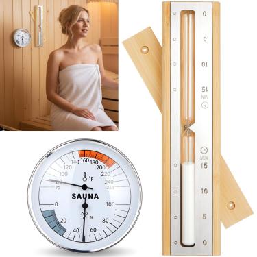 Imagem de Tellegloww Conjunto de termômetro e higrômetro de sauna 2 em 1 de 2 peças e temporizador de sauna Fahrenheit e Celsius feito à mão de madeira de cedro vermelho canadense (estilo metal)
