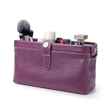 Imagem de shuainiu Bolsa de maquiagem de couro para viagem, mini caixa de maquiagem à prova d'água, pequena bolsa de armazenamento de viagem, Roxa