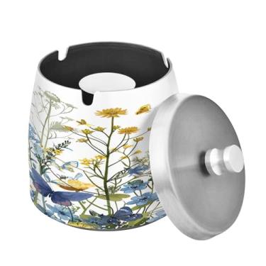 Imagem de Blueangle Cinzeiro de flores silvestres com borboletas com tampa para cigarros, à prova de vento/à prova de chuva, aço inoxidável, sem fumaça, inodoro, cinzeiro para uso interno ou externo (353)