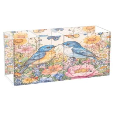 Imagem de SEHANY Lindo porta-canetas de acrílico com flores em aquarela, pássaro, 4 compartimentos, porta-lápis transparente, organizador de pincéis de maquiagem, organizador de papelaria para escritório, casa