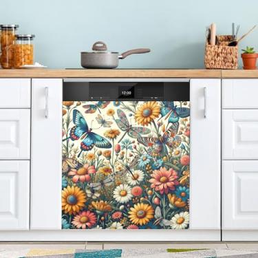 Imagem de ATTX Capa de ímã de borboleta de flor libélula para lava-louças, 58,4 cm C x 66 cm A decoração da capa da máquina de lavar louça, decalques de armário doméstico eletrodomésticos adesivos #76