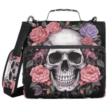 Imagem de SEHANY Fichário com zíper de caveira e flor com alça de ombro, capacidade para 500 folhas, vários bolsos, 3,8 cm, fichário com zíper com 3 anéis