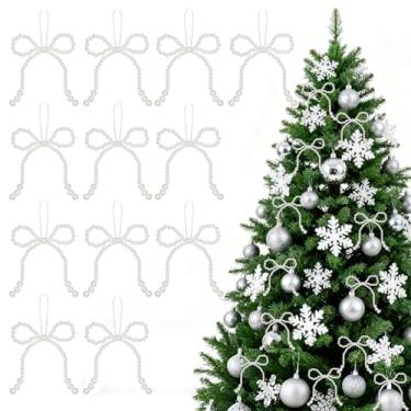 Imagem de Haakong 12 peças de enfeites de Natal com laço de pérola, enfeite de árvore com laço branco, enfeite de pendurar com contas de pérolas, para Natal, casamento, chá de panela, chá de bebê, aniversário