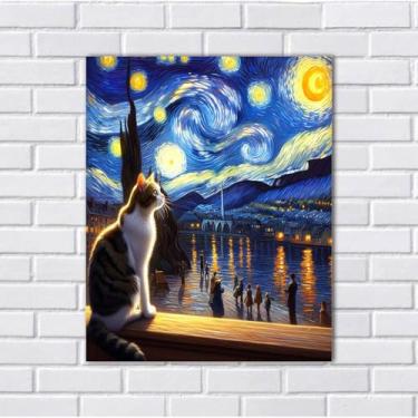Imagem de Placa Decorativa A4 Gato Noite Estrelada Van Gogh Transforme Sua Parede com Arte e Elegância Com essa Linda Placa Decorativa Parede MDF Feita Especialmente Pra Quem Ama Gatos