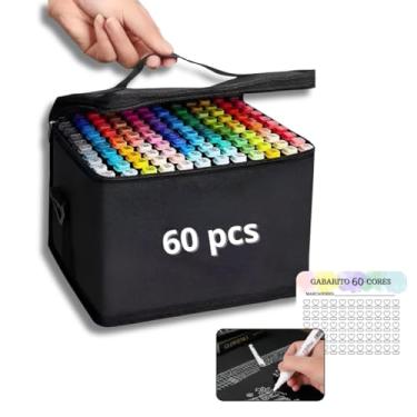 Imagem de Kit de Canetinhas Artísticas, 60 Cores, Ponta Dupla Fina e Grossa, Canetas Permanentes para Desenho e Colorir, Estojo Completo Marcadores com Cores Vibrantes + 2 Brindes