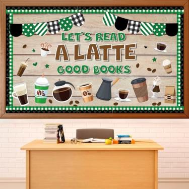 Imagem de QOUBAI Conjunto de quadro de avisos de café, decoração de sala de aula, recortes de papel latte, artesanato verde para cafeteria, tabelas de ajudantes de professores para volta às aulas, quadro-negro