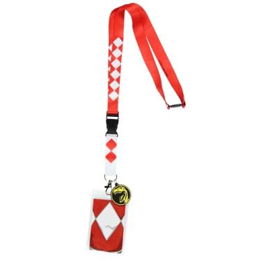 Imagem de Power Rangers Red Ranger Tiranossauro ID cordão porta-crachá com cartão de personagem e emblema de tiranossauro pingente de borracha