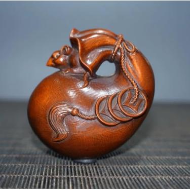 Imagem de FENNYYAR Coleção Antiga Bolsa de Dinheiro Escultura em Madeira, 6 cm, Estátua com Alça para Contar Dinheiro
