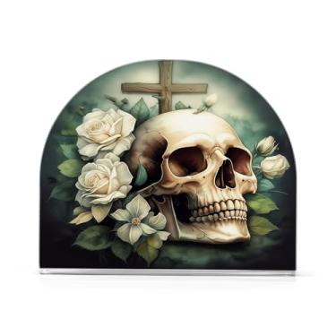 Imagem de Wassud Caveira com rosas brancas, porta-guardanapos de acrílico, dispensador de guardanapo de papel moderno em forma de U para mesa, cozinha, sala de jantar, bancada 1 peça (comporta 50-60 guardanapos