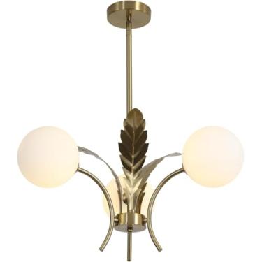 Imagem de Lustre vintage dourado com 3 globos brancos, luminária de teto semi-embutida estilo Sputnik moderno de meados do século XX para sala de jantar, hall de entrada, cozinha estilo fazenda.